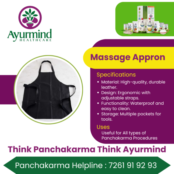 Ayurmind Healthcare offers high-quality massage aprons designed for Ayurvedic treatments like panchakarma, emphasizing comfort and hygiene. These aprons are made from durable materials suitable for therapeutic use